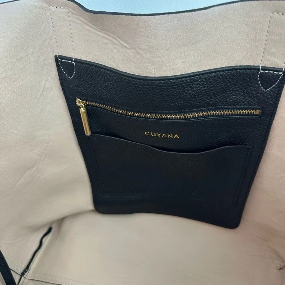 Cuyana Classic Structured Black Italian Pebbled Leather SFM Monogrammed Tote
